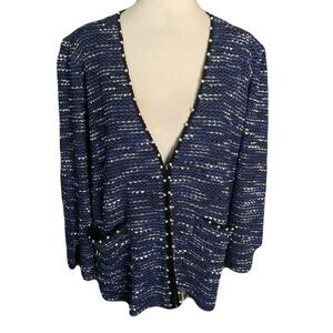 Ming Wang Women’s Large Blue Textured Knit Sweater Jacket Pearl Embellishments